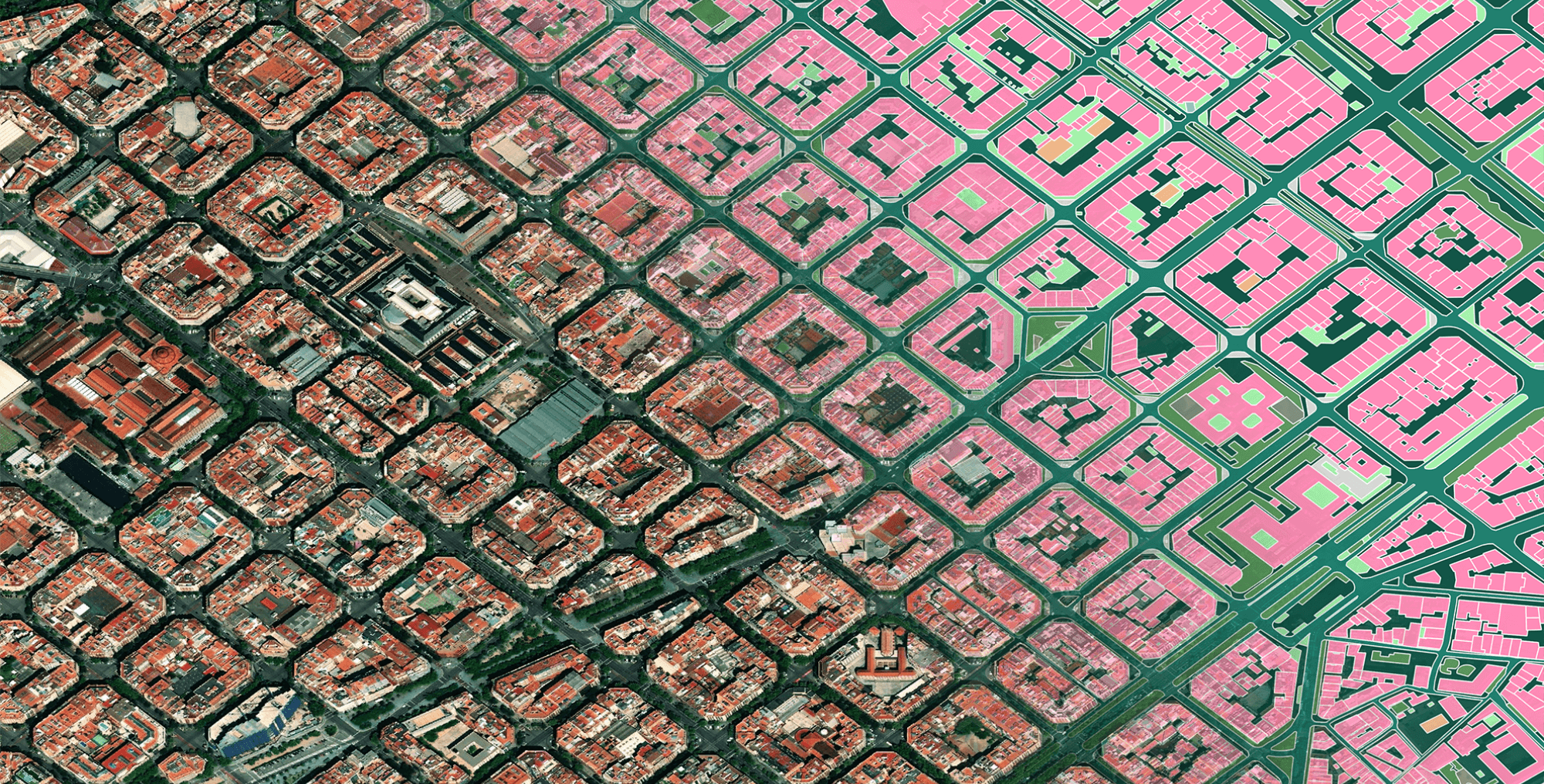 Geospatial imagery fading to vectors in Barcelona
