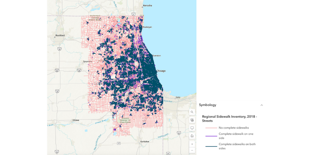 An image depicting the sidewalk inventory across the Chicago region. This highlights areas in need of urgent improvements, especially in densely populated zones with high pedestrian traffic.