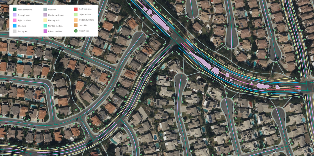 A sample of detailed features Ecopia extracted in San Bernardino County, California which included street trees and tree canopy data.