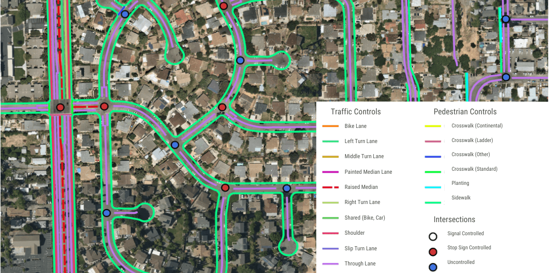 Ecopia's RoW Extraction Technology can be used to develop high-definition maps of how the existing RoW is allocated from curb to curb. The above sample shows the level of detail extracted Contra Costa County, California.