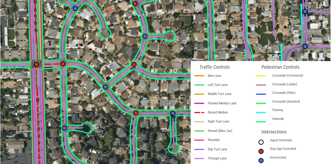 A sample of advanced transportation features foundational to a digital twin, enabling urban planners to better understand real-world traffic infrastructure