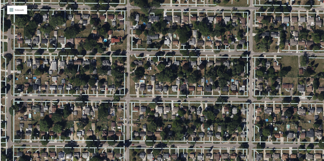 A sample of the sidewalk data extracted by Ecopia AI for SEMCOG.