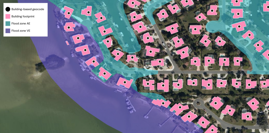 Geocoded building footprints with flood zone data.