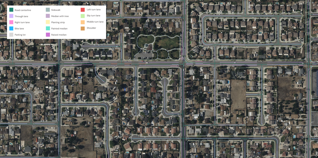  A sample of the advanced transportation features produced by Ecopia AI in Fontana, California. 