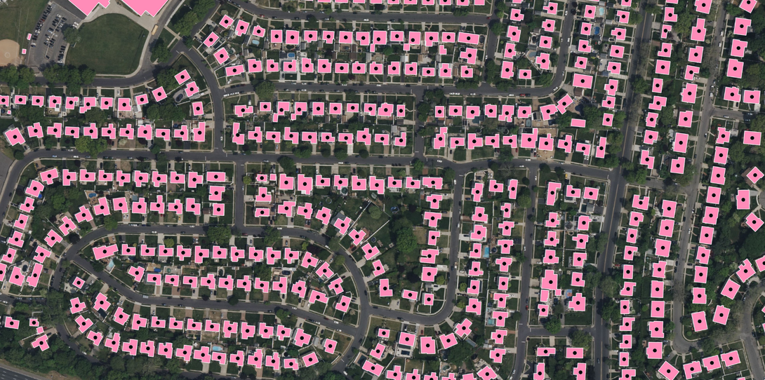 A sample of Ecopia’s AI-powered Building-Based Geocoding data, derived from high-resolution imagery in Franklin Square, New York.