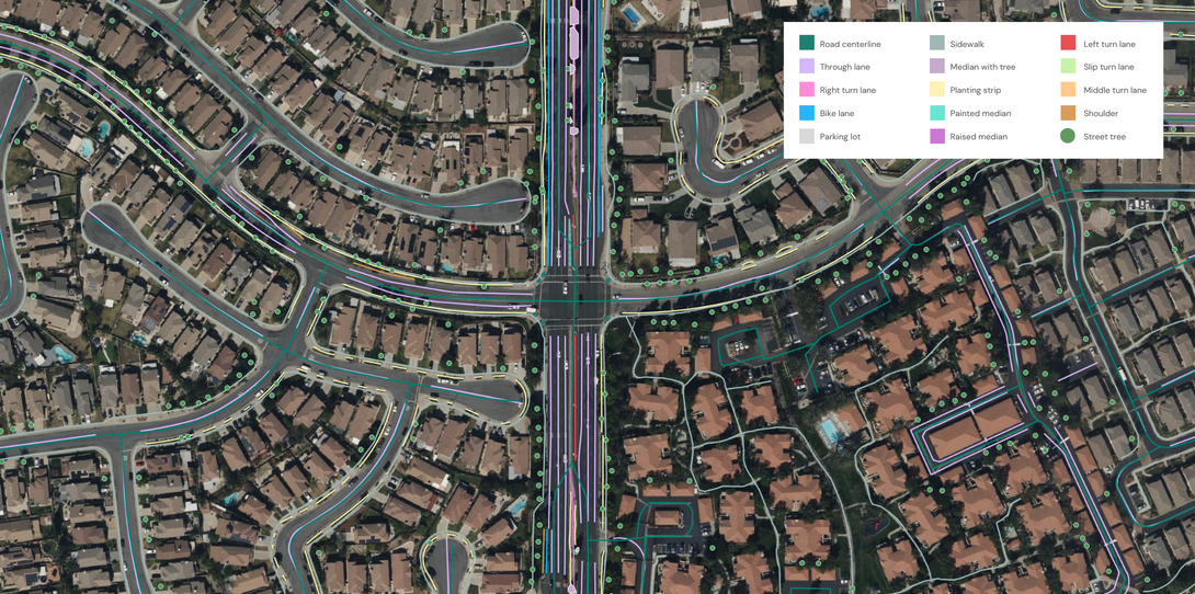 A sample of advanced transportation features extracted by Ecopia AI in San Bernardino, California. Analyzing street tree data alongside sidewalk and bike lane data can help identify potential obstructions and improve safety.