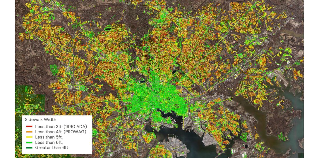 A sample of the detailed sidewalk data that Ecopia extracted in Baltimore by width.