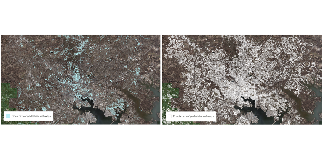 The image on the left displays the fragmented sidewalk data the team was initially working with, while the image on the right showcases Ecopia’s comprehensive dataset, reflecting a tenfold increase in information.