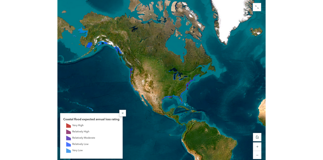 Ecopia’s map illustrating variations in coastal flood risk and projected annual loss across different regions in the US.