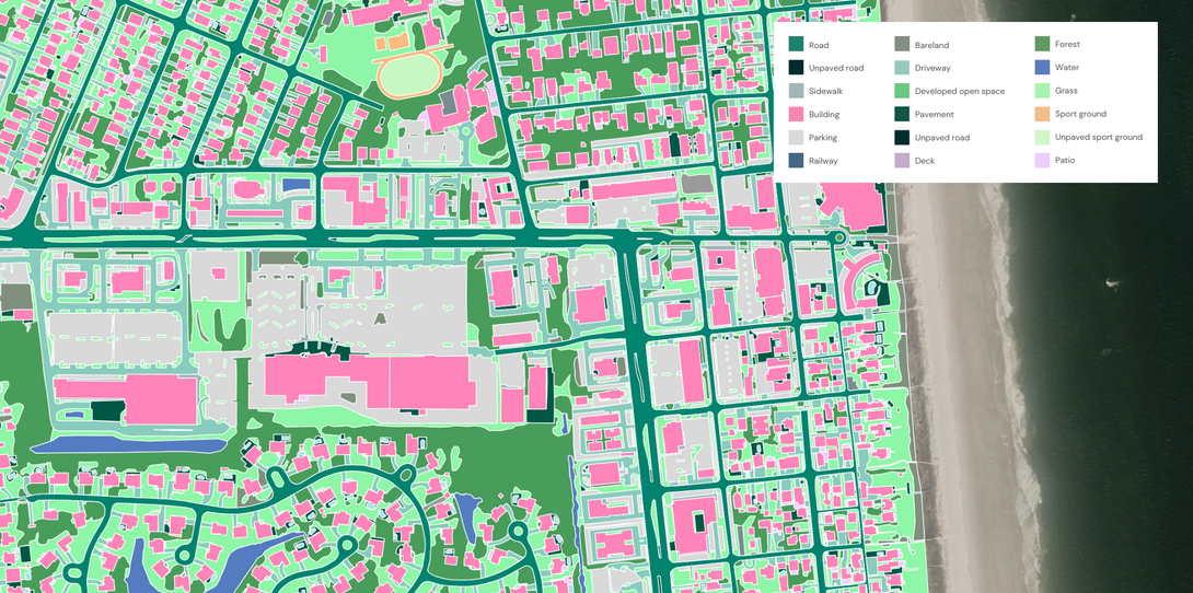 A sample of the land cover features digitized by Ecopia AI in Duval County, Florida.