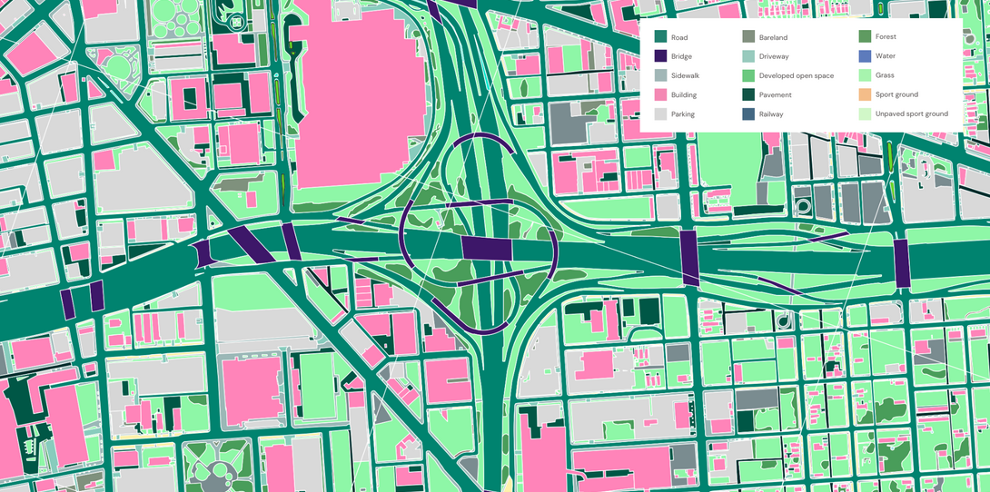 A sample of the comprehensive dataset encompassing distinct pervious and impervious surfaces that Ecopia AI provided to the City of Detroit to inform stormwater mapping and stormwater utility fee (SUF) calculations.