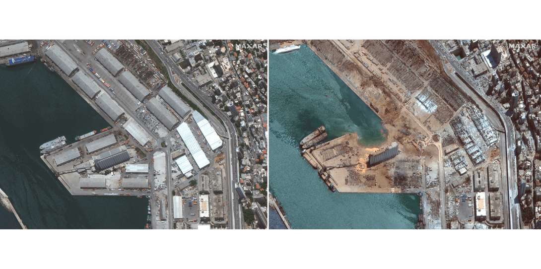 Maxar collected a pre-explosion image with its WorldView-3 satellite on June 9, 2020 (left), and post-explosion image with its WorldView-2 satellite on August 5, 2020 (right)