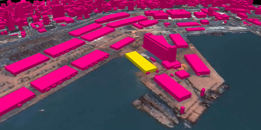 2.5D building footprints of the affected area in Beirut by Ecopia AI; the yellow structure is the immediate site of the explosion
