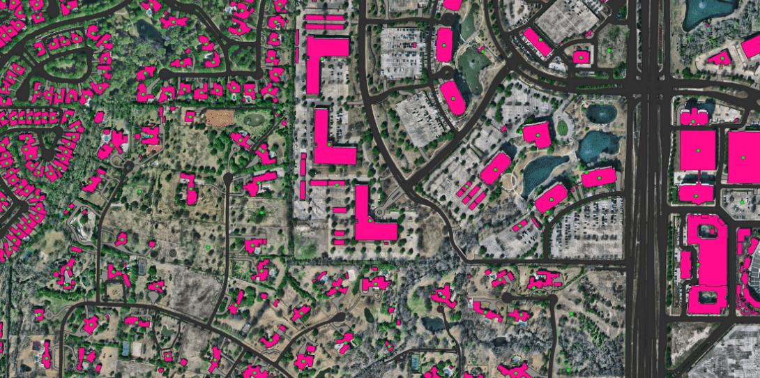 Sample Ecopia HD Map over Frisco, TX highlighting Building-Based Geocoding, Roads and Driveways