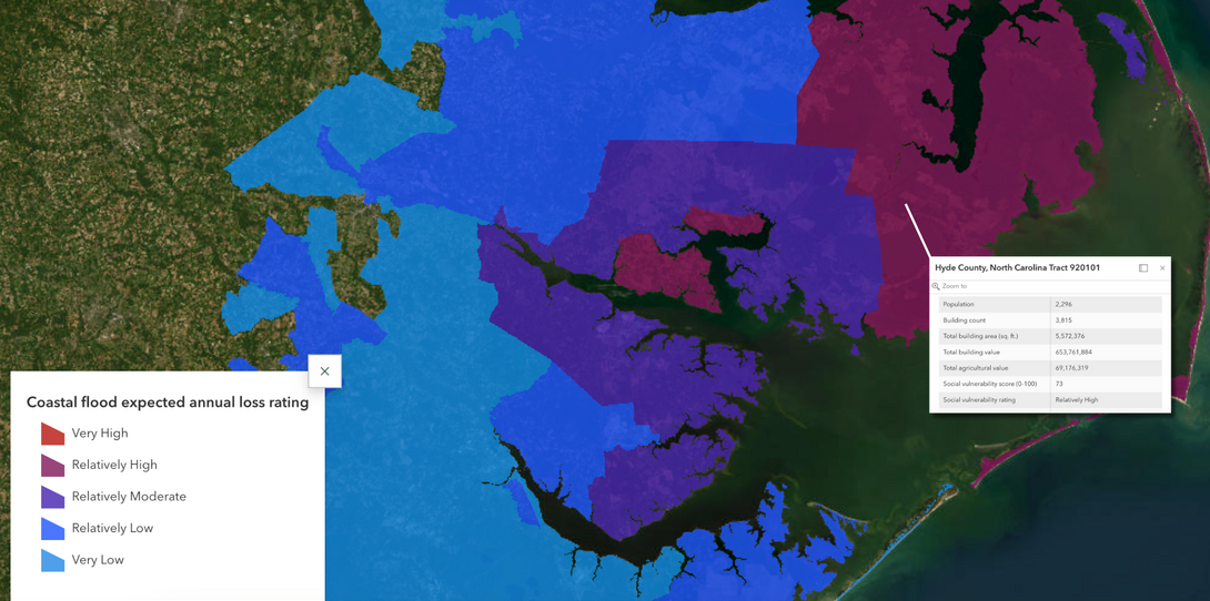 Coastal flood risk map with annual loss ratings