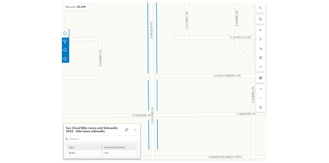 A visualization of the Arizona Sun Cloud, highlighting bike lane and sidewalk segments with width attribution.