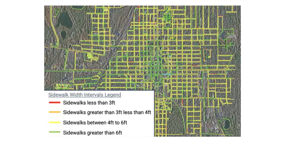 A sample of Ecopia’s sidewalks, categorized by width, in San Bernardino, California.