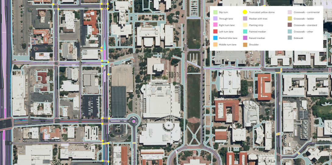 A sample of advanced transportation features extracted from Ecopia AI in Tuscon, Arizona.