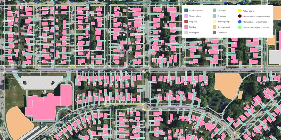 A sample of transportation-related map features extracted by Ecopia AI in Chicago, Illinois.