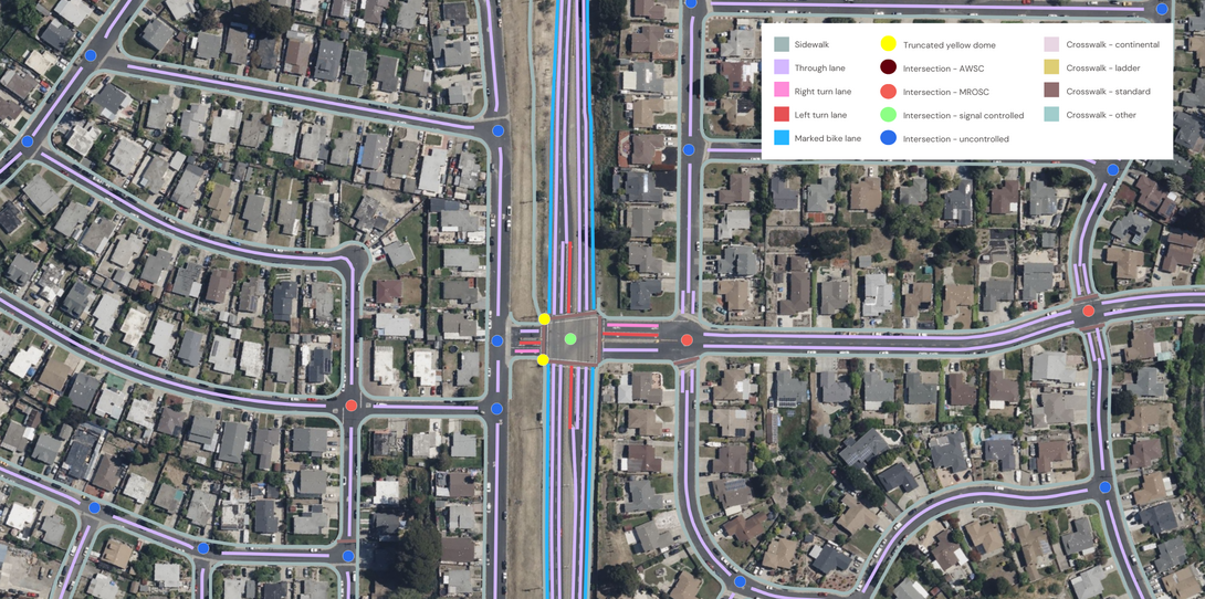 A sample of the advanced transportation features extracted by Ecopia AI in Contra Costa, California.