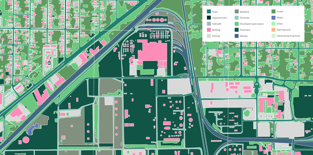A sample of the advanced land cover features extracted by Ecopia in Houston, Texas for the Texas Water Development Board, used by Ecopia for an in-depth climate resilience analysis.