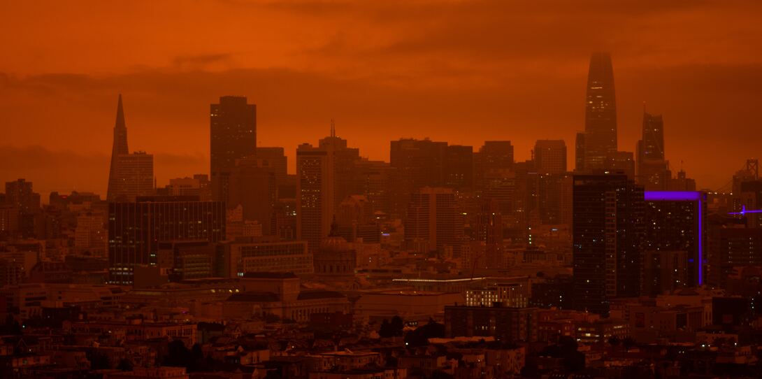 An image of San Francisco veiled in an orange haze following the wildfires in September, 2020.