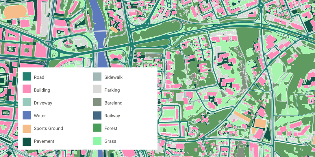 A sample of land cover data for Montpellier, France digitized and classified by Ecopia.