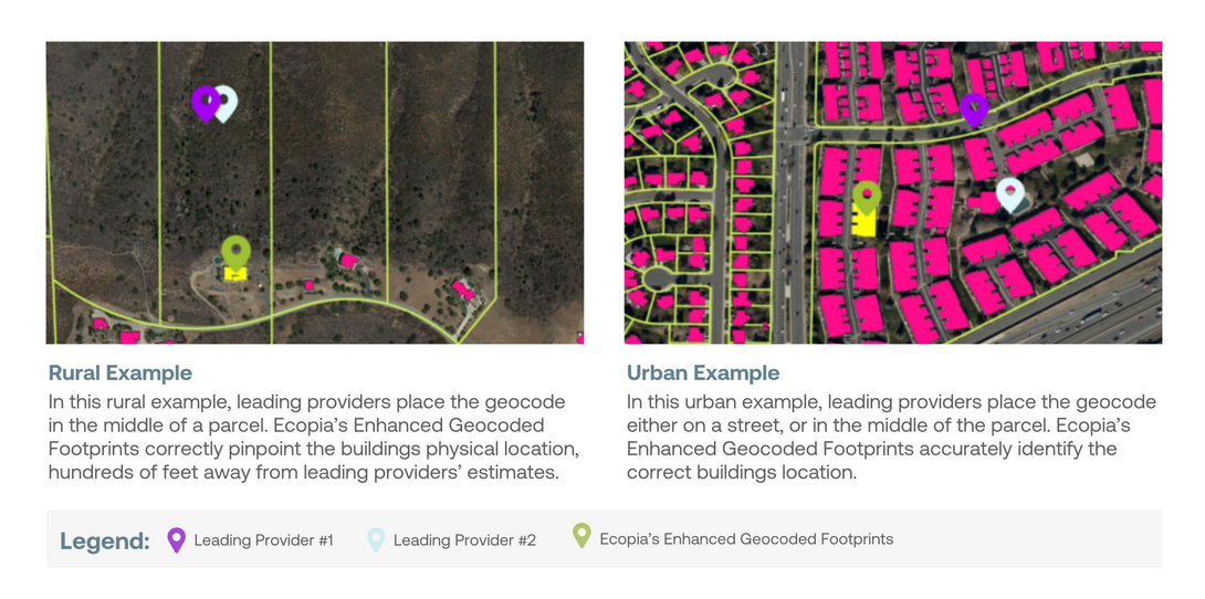 Two images comparing Ecopia's enhanced geocoded footprints against leading geocode providers.