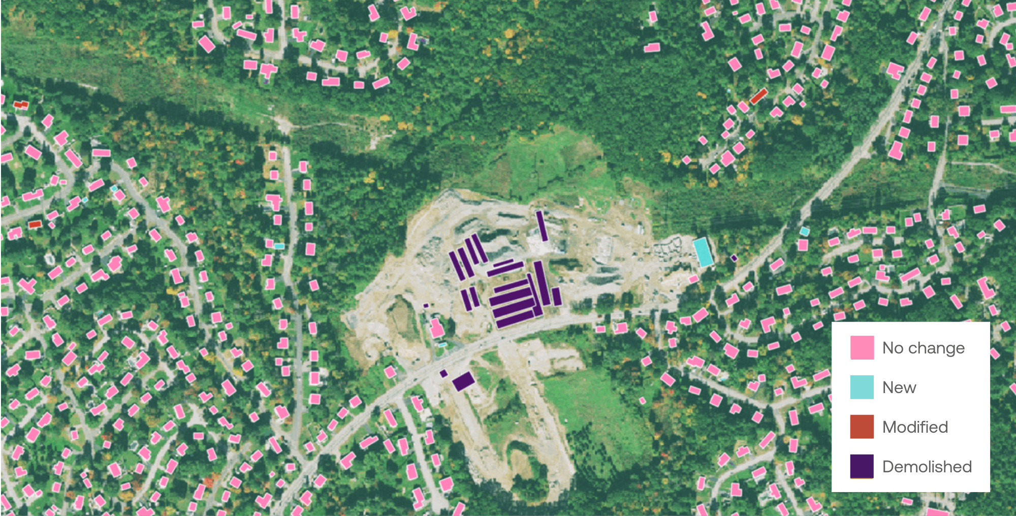 A map showing building change extracted by Ecopia AI
