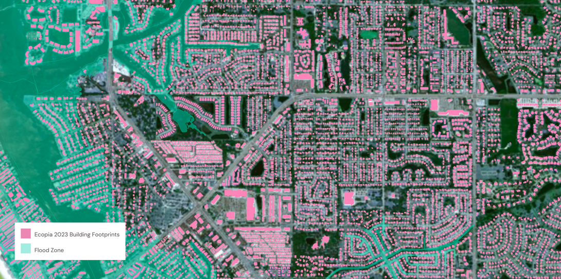 A sample of Ecopia’s Building-Based Geocoding in Sarasota County, Florida layered with FEMA flood zone data. 