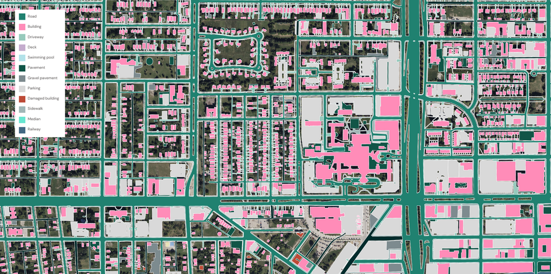 A sample of the impervious surface data, including building footprints, produced by Ecopia AI, for the City of Detroit.