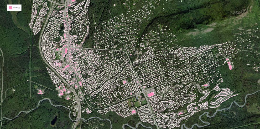 A sample of building footprints extracted by Ecopia’s AI-based mapping systems in Eagle River, Alaska.