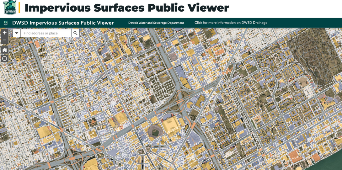 The Detroit Water and Sewerage Department (DWSD) has a public viewer website allowing residents to view the impervious surface data associated with their property that is used for determining drainage charges.