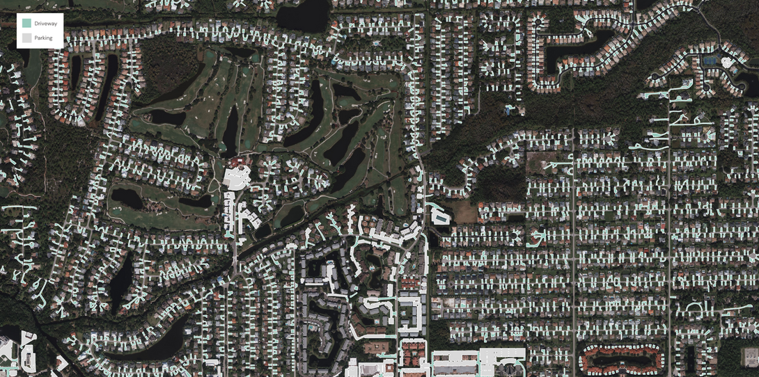 Parking lots and driveways extracted by Ecopia AI in Collier County, Florida, enhancing emergency response efficiency and planning.