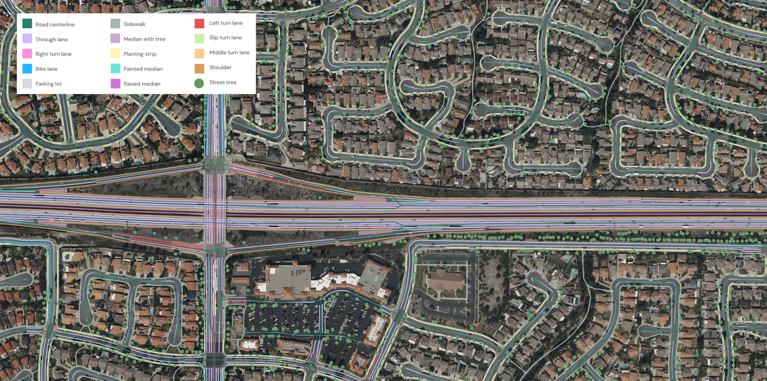 A sample of the advanced transportation features extracted by Ecopia AI in San Bernardino, California.