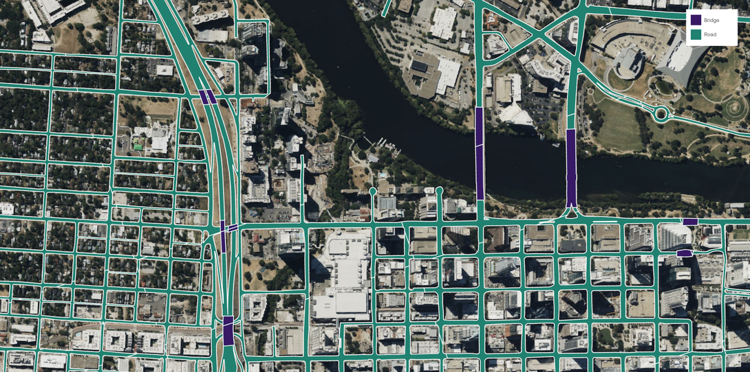 A sample of road and bridge data extracted by Ecopia AI in Austin, Texas. 