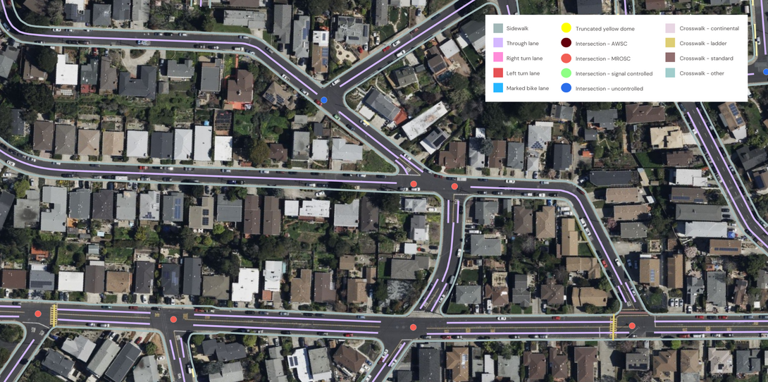 A sample of the advanced transportation features extracted by Ecopia AI in Contra Costa, California.