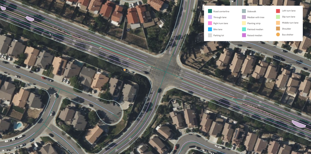 A sample of transportation features extracted by Ecopia AI in San Bernardino, California to support multimodal transportation planning.