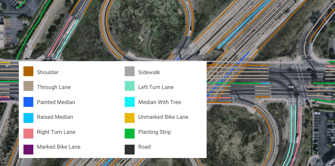 A sample of advanced transportation features, including marked and unmarked bike lanes, mapped by Ecopia in San Bernardino County, California