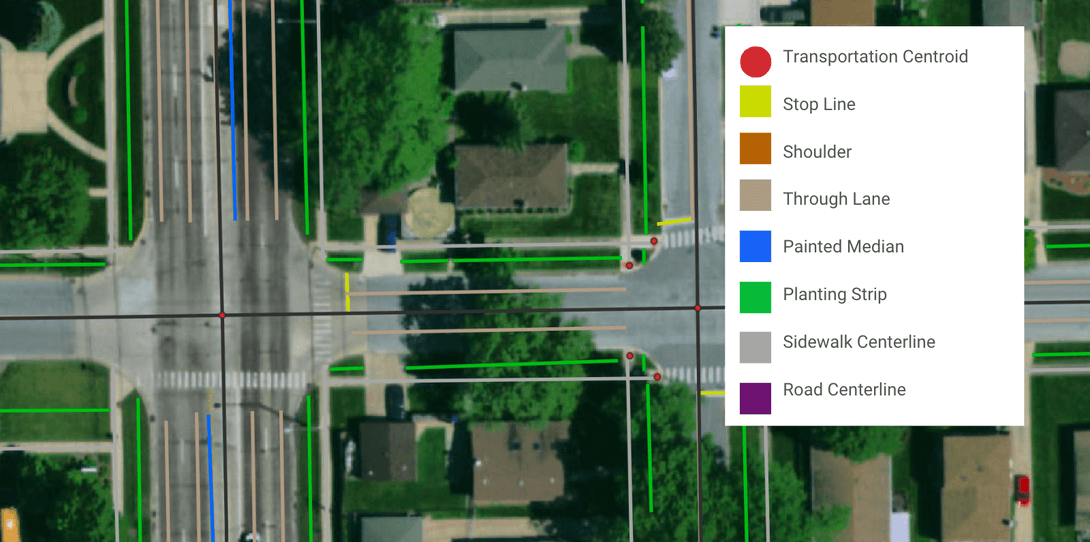 A sample of advanced transportation features mapped by Ecopia in the Chicago metropolitan area