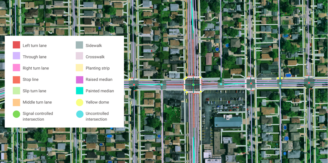 A sample of transportation mapping features digitized by Ecopia AI for IDOT and CMAP to support multiple planning projects.