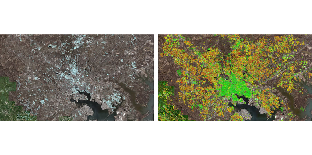 January 2023 OpenStreetMap bicycle and pedestrian network data (left) and Ecopia extracted network displayed by width (right) in Baltimore, Maryland