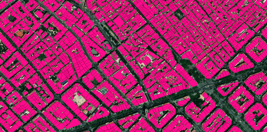 A sample of building footprint data extracted by Ecopia AI in Barcelona, Spain