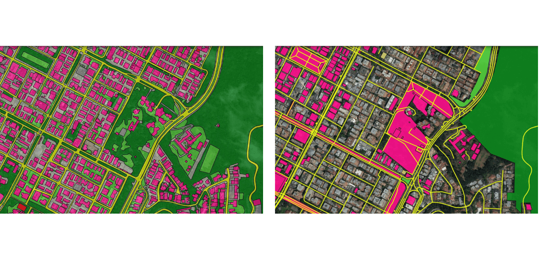 Ecopia AI’s building footprint and landcover extraction coverage (left) vs another data provider (right)