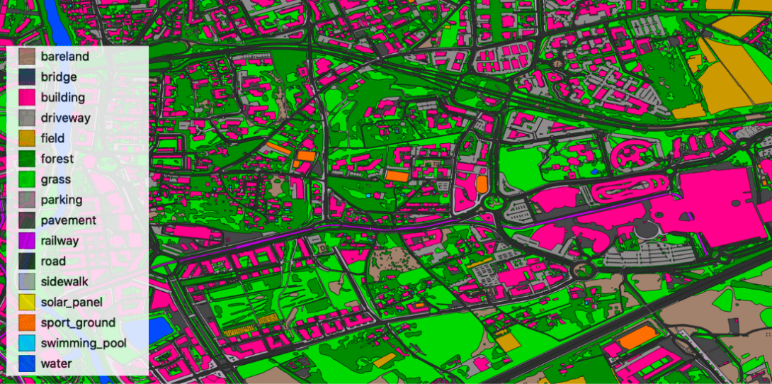 HD Vector Map of Landcover in Montpellier, France - highlighting complex European architecture