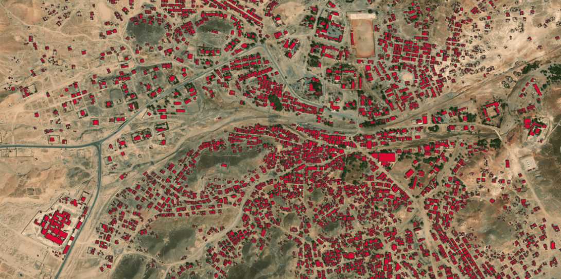 HD Vector Map of Building Footprints in Ali Sabieh, Djibouti - highlighting terrain that is difficult to interpret