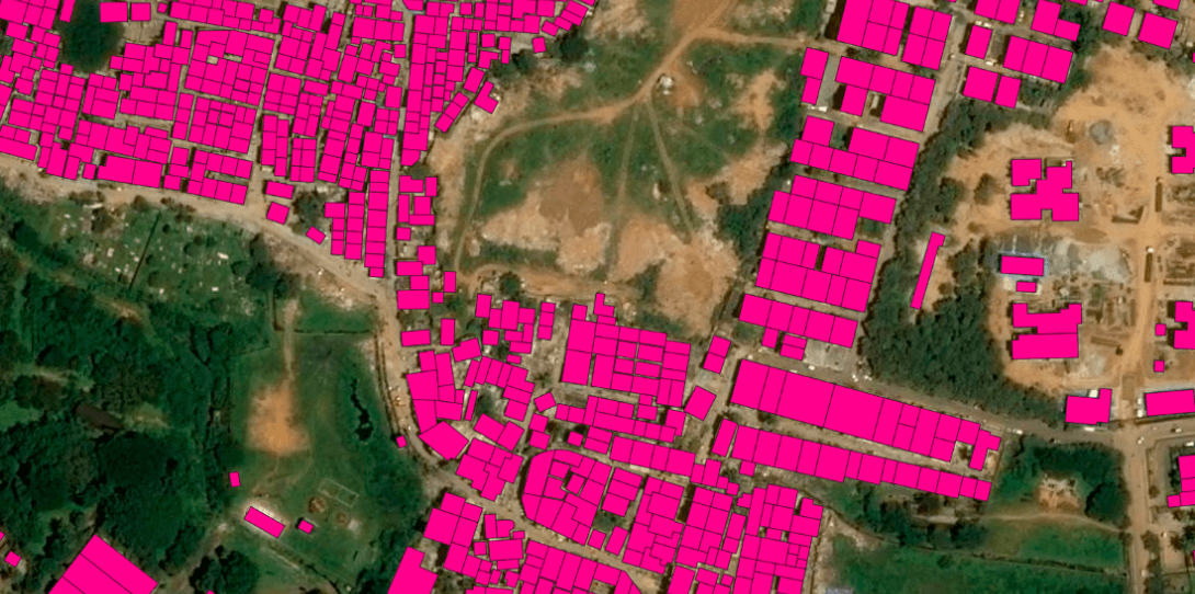HD Vector Map of Building Footprints in Bengaluru, India - highlighting complex building construction types and high-density neighbourhoods