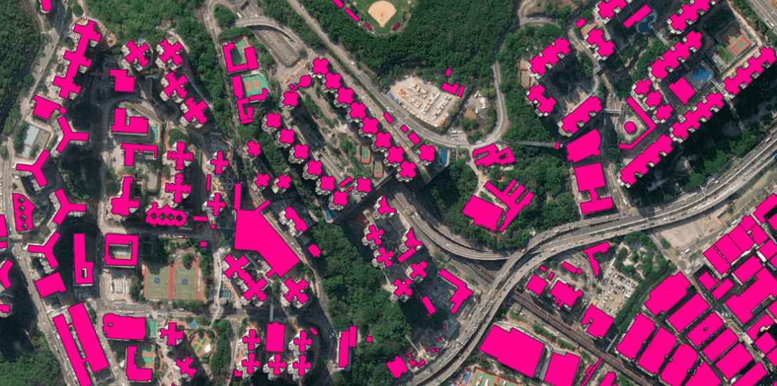 HD Vector Map of Building Footprints in Hong Kong - highlighting very tall buildings