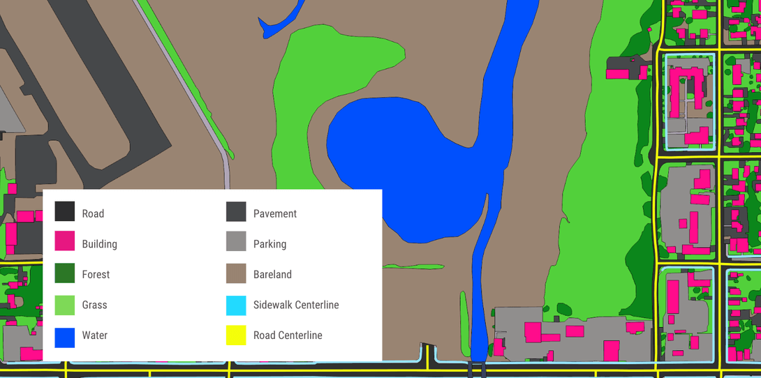 A sample of land cover data extracted by Ecopia in Oregon, showing different types of impervious and pervious features critical to infrastructure planning