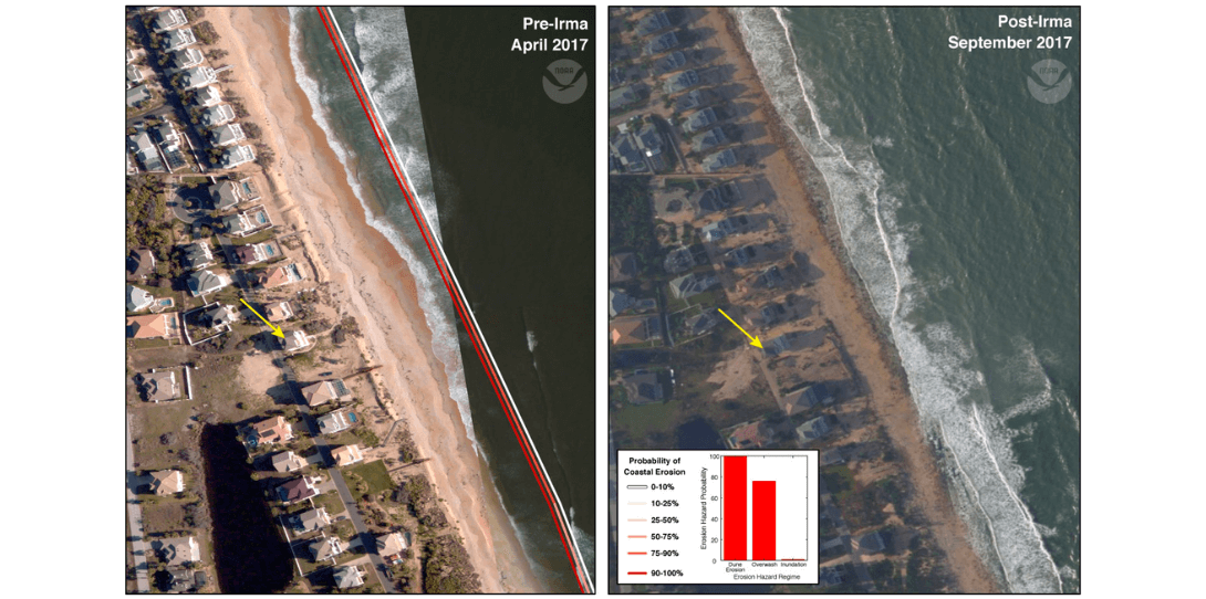 Example of geospatial imagery of Palm Coast, Florida before and after Hurricane Irma in 2017; source: USGS